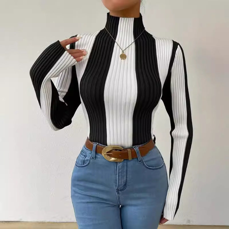 Julia | Women's Striped Mock Neck Long Sleeve Sweater