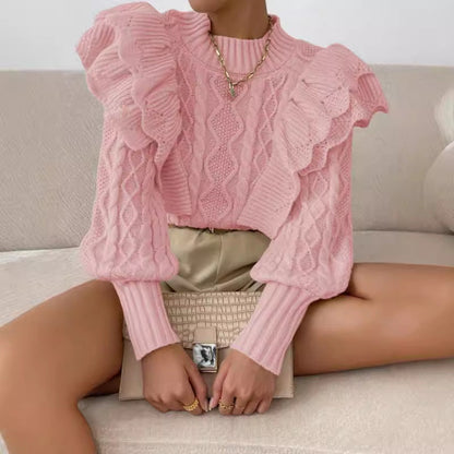 Kylie | Women's Ruffle Cable Knit Long Sleeve Sweater