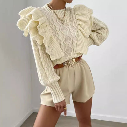 Kylie | Women's Ruffle Cable Knit Long Sleeve Sweater