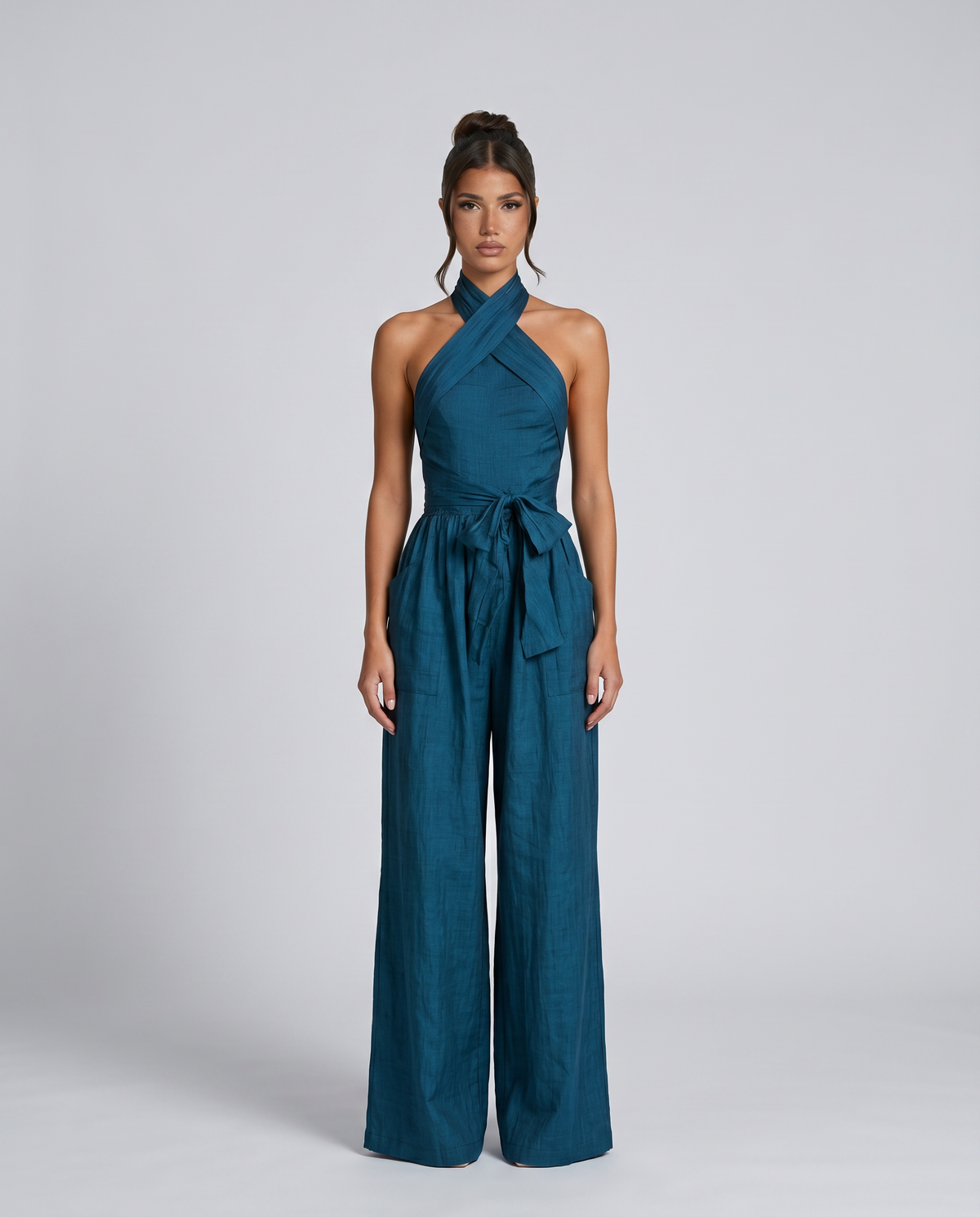 Marguerite | Cross Halter Wide Leg Linen Blend Jumpsuit