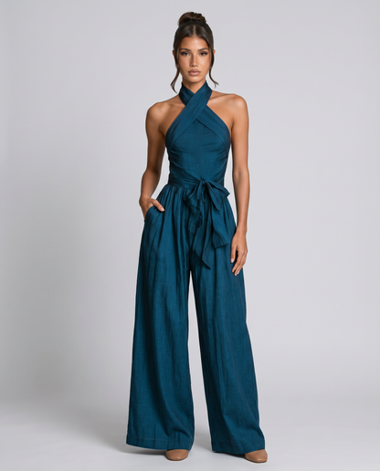 Marguerite | Cross Halter Wide Leg Linen Blend Jumpsuit