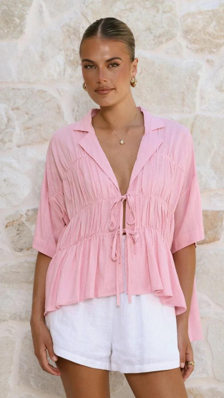 Kailey | Tie-Front V-Neck Collared Top