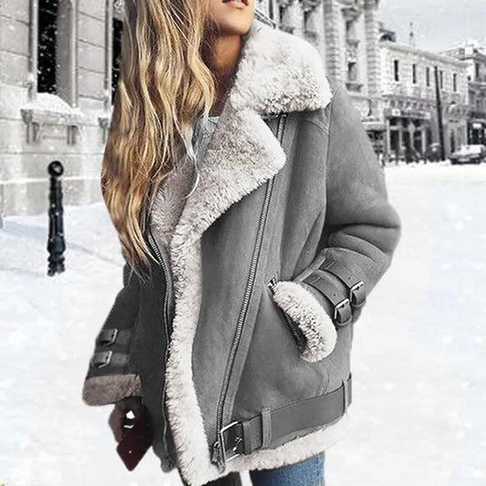 Women's Premium Faux Sheepskin Jacket With Belt And Pockets