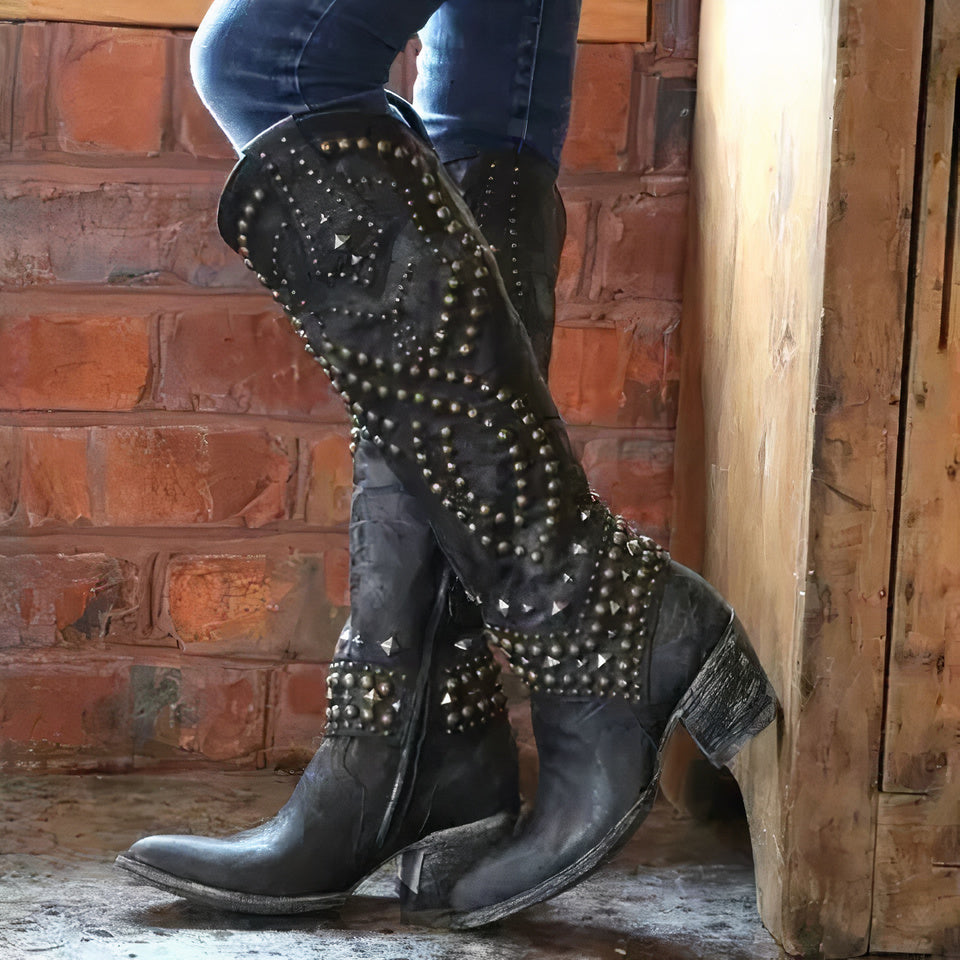 Cheri | Edgy High Boots – Distressed Faux Leather – Rivet Detail – Thick Heel – Side Zipper