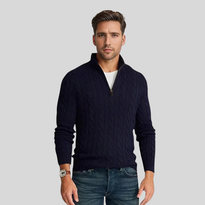 Duncan | Cable Knit Quarter Zip Sweater Ribbed Hem