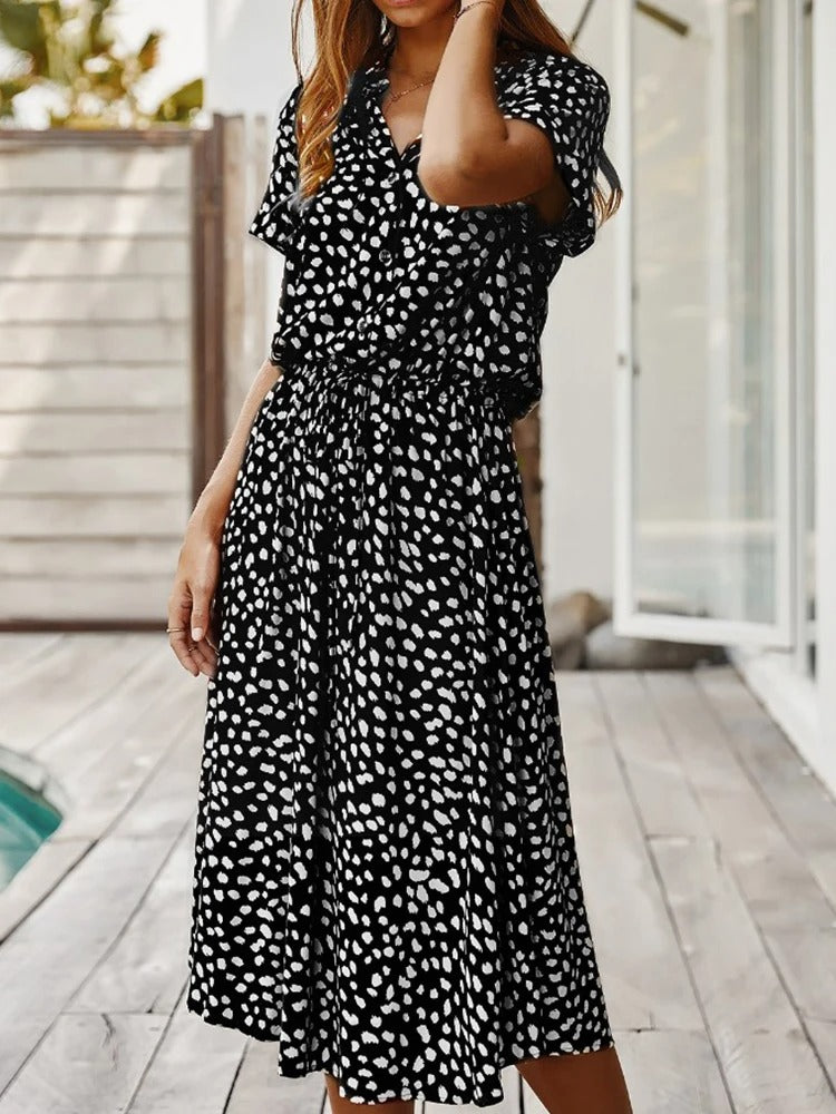 Summara | Printed Short Sleeve Adjustable Waist Casual Midi Dress