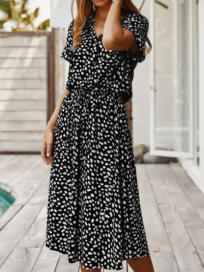 Summara | Printed Short Sleeve Adjustable Waist Casual Midi Dress