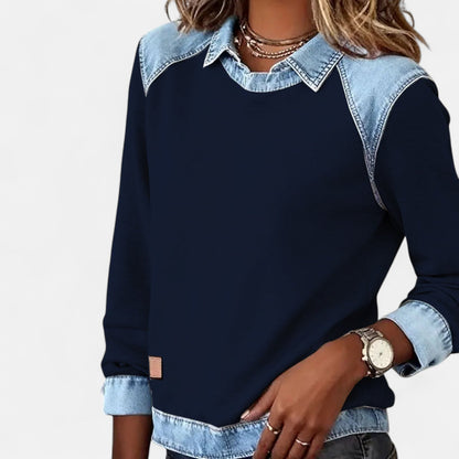 Two-Tone Trendy Long Sleeve Knit Pullover Top for Women