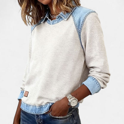 Two-Tone Trendy Long Sleeve Knit Pullover Top for Women