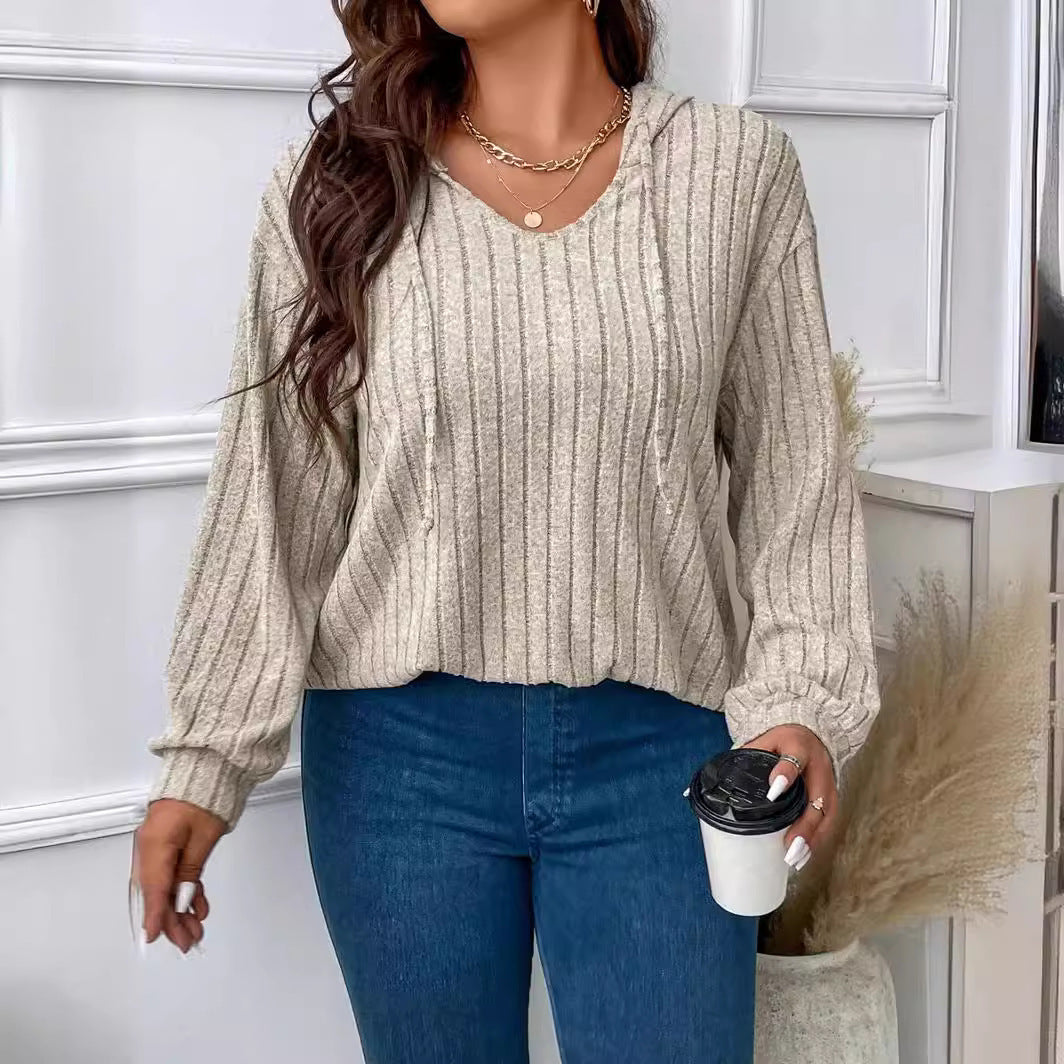 Jemima | Relaxed Ribbed Knit Hoodie V Neck Hood
