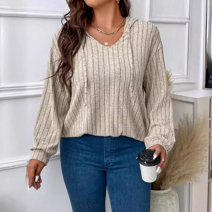 Jemima | Relaxed Ribbed Knit Hoodie V Neck Hood