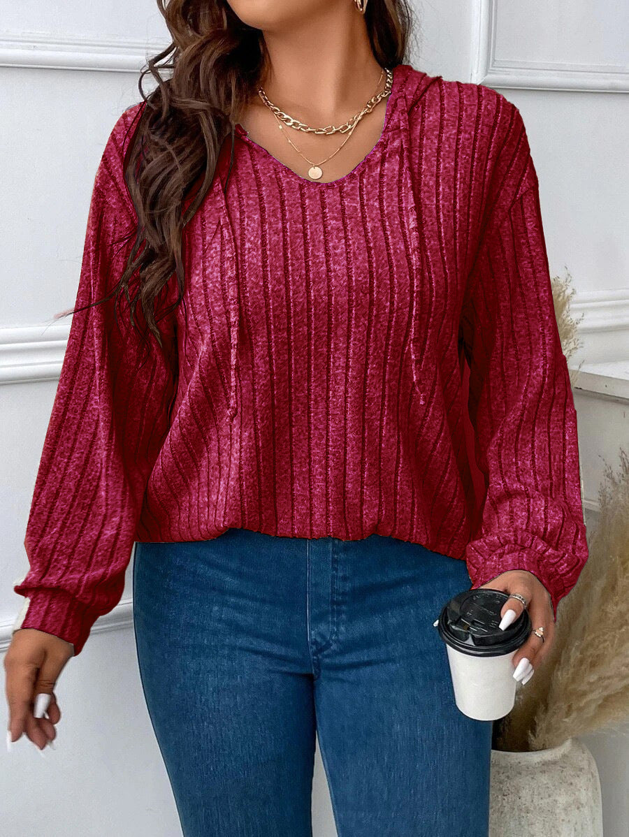 Jemima | Relaxed Ribbed Knit Hoodie V Neck Hood