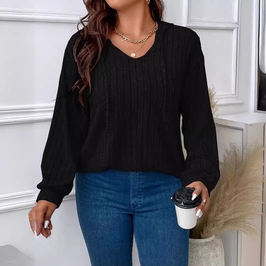 Jemima | Relaxed Ribbed Knit Hoodie V Neck Hood