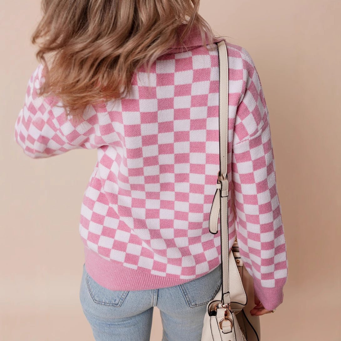 Fenella | Retro Checkerboard Knit Sweater Collared Neck