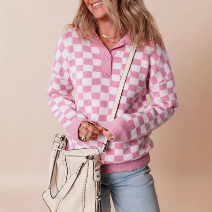 Fenella | Retro Checkerboard Knit Sweater Collared Neck