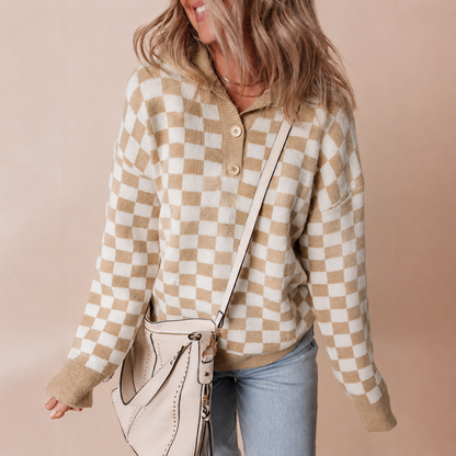 Fenella | Retro Checkerboard Knit Sweater Collared Neck