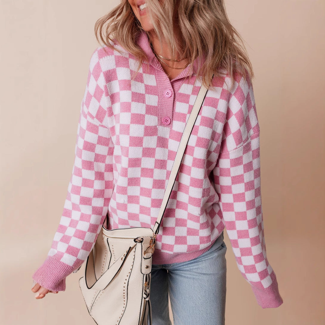 Fenella | Retro Checkerboard Knit Sweater Collared Neck
