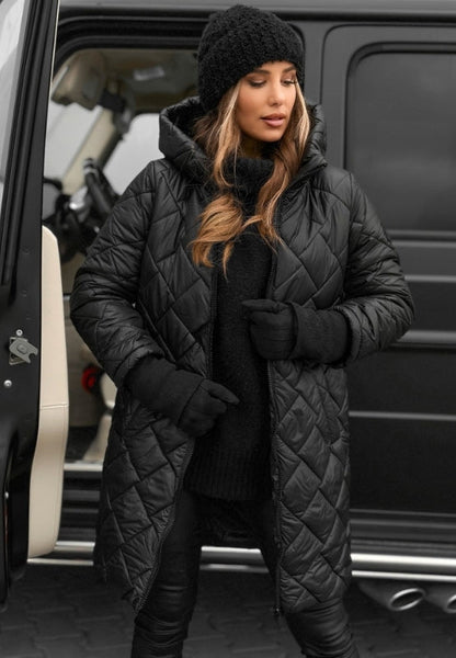 Women's Longline Quilted Puffer Coat — Hooded Lightweight Insulated Winter Jacket