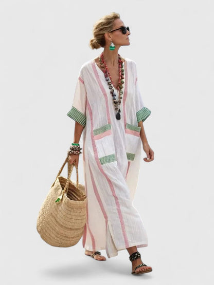 Zavara | Oversized Striped Kaftan V-Neck Maxi Dress