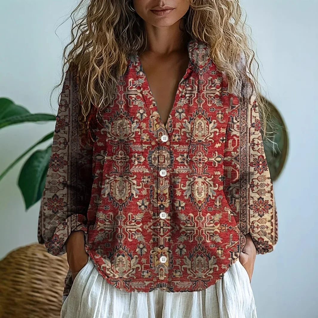 Elise Laurent | Women's Botanical Print Linen Blouse