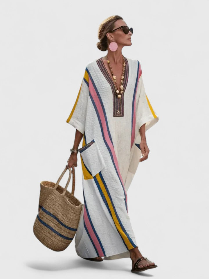 Zavara | Oversized Striped Kaftan V-Neck Maxi Dress