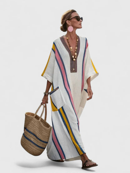 Zavara | Oversized Striped Kaftan V-Neck Maxi Dress