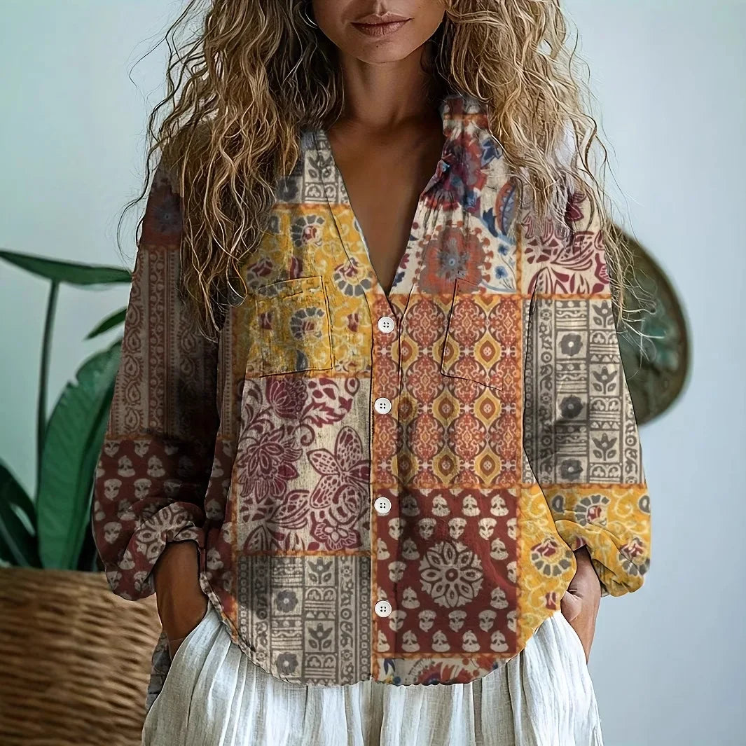 Elise Laurent | Women's Botanical Print Linen Blouse