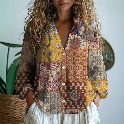 Elise Laurent | Women's Botanical Print Linen Blouse
