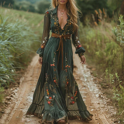 Embova | Embroidered Boho Sheer Sleeve Evening Maxi Dress