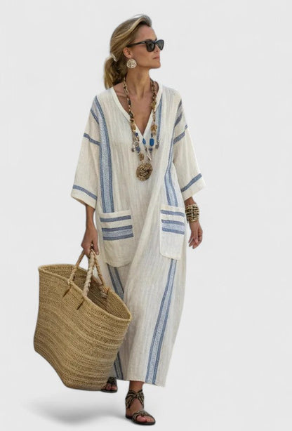 Zavara | Oversized Striped Kaftan V-Neck Maxi Dress