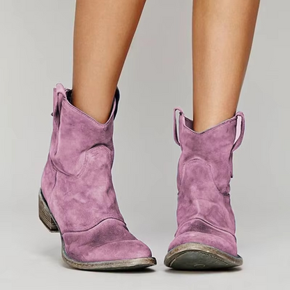 Women’s Vintage Western Ankle Boots – Pointed Toe Low Heel Slip-On Booties