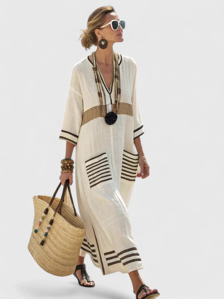Zavara | Oversized Striped Kaftan V-Neck Maxi Dress