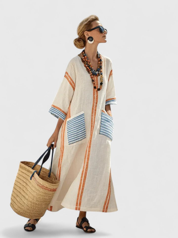 Zavara | Oversized Striped Kaftan V-Neck Maxi Dress