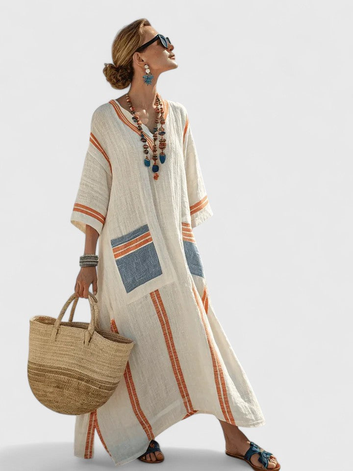 Zavara | Oversized Striped Kaftan V-Neck Maxi Dress