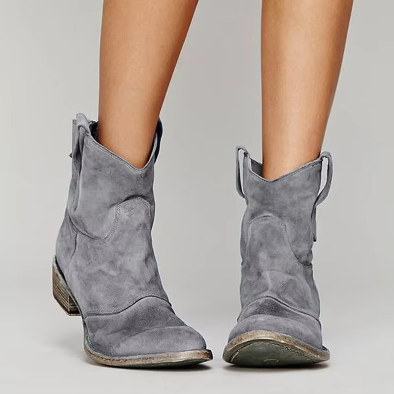 Women’s Vintage Western Ankle Boots – Pointed Toe Low Heel Slip-On Booties