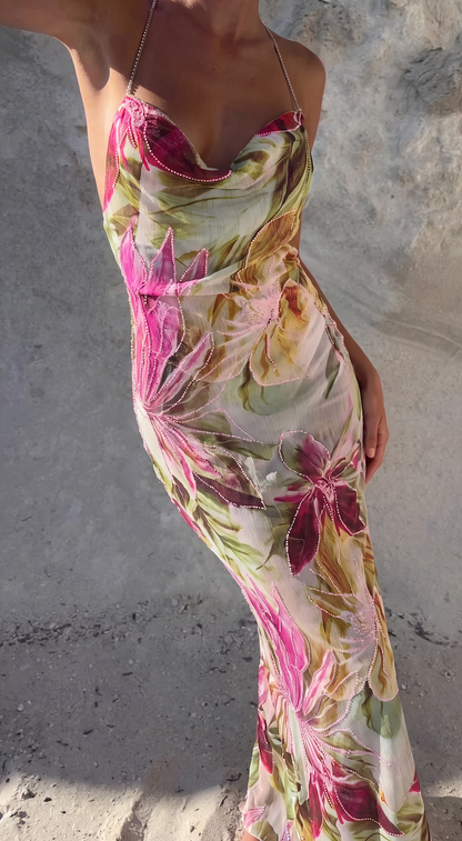 Emmarie | Women's Hand-Beaded Floral Print Maxi Dress