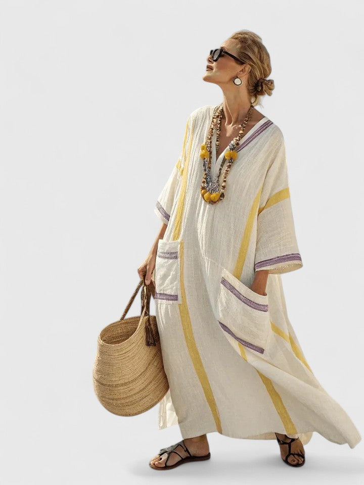 Zavara | Oversized Striped Kaftan V-Neck Maxi Dress