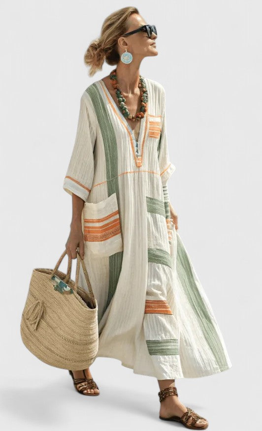 Zavara | Oversized Striped Kaftan V-Neck Maxi Dress