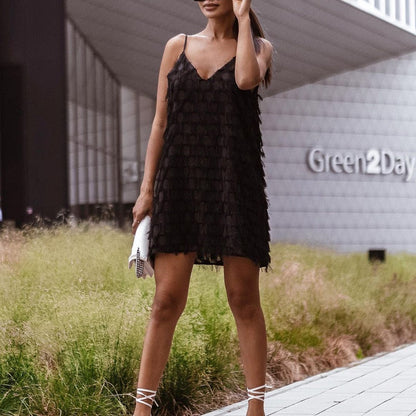 Tasselle | Tassel Fringe V-Neck Sleeveless Mini Dress