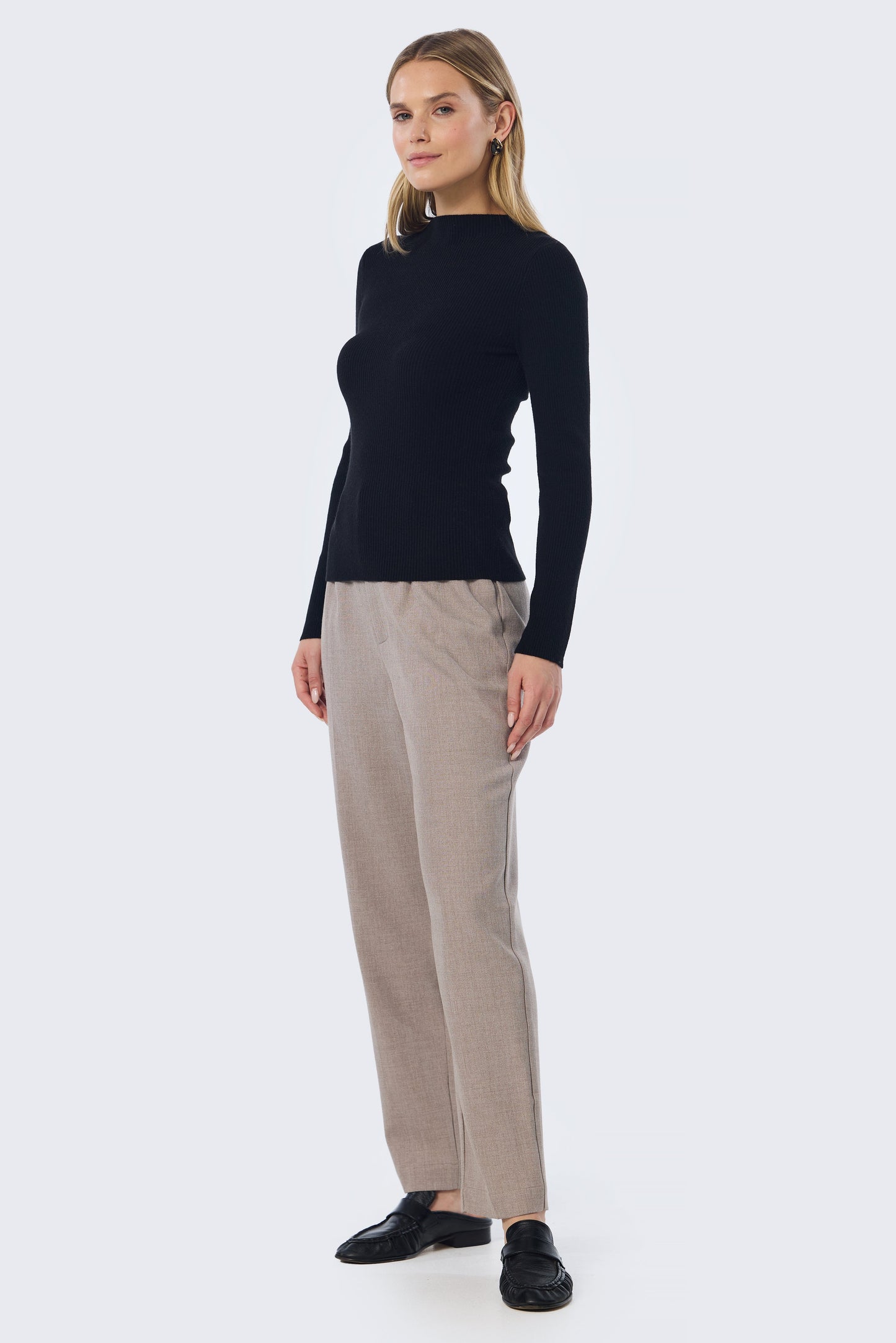 Mock Neck Long Sleeve Knit Top - Black