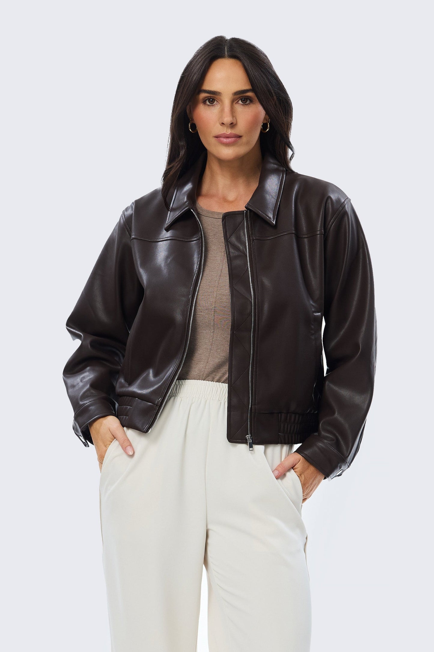 Vegan Leather Bomber Jacket - Dark Chocolate
