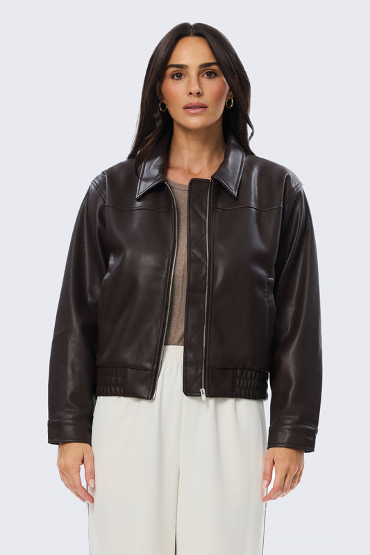Vegan Leather Bomber Jacket - Dark Chocolate