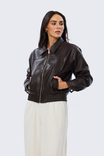 Vegan Leather Bomber Jacket - Dark Chocolate