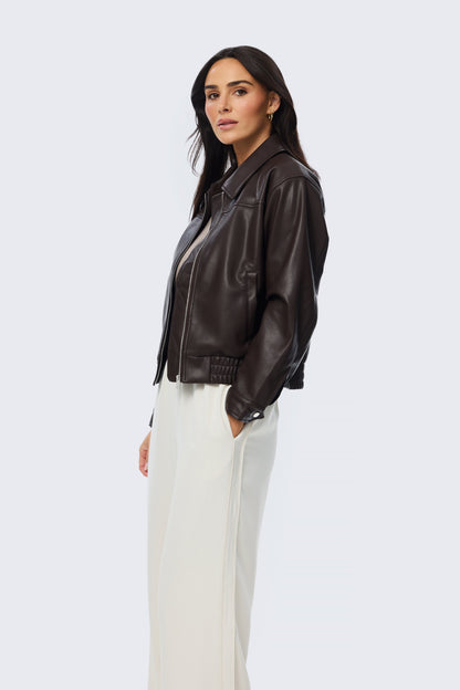 Vegan Leather Bomber Jacket - Dark Chocolate