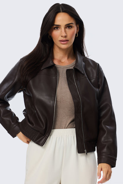 Vegan Leather Bomber Jacket - Dark Chocolate