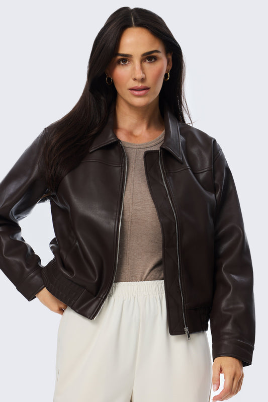 Vegan Leather Bomber Jacket - Dark Chocolate