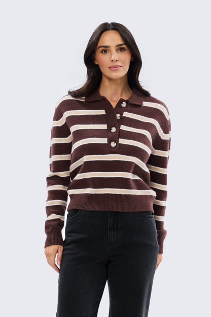 Rugby Knit Jumper - Cappuccino & Ecru Stripe