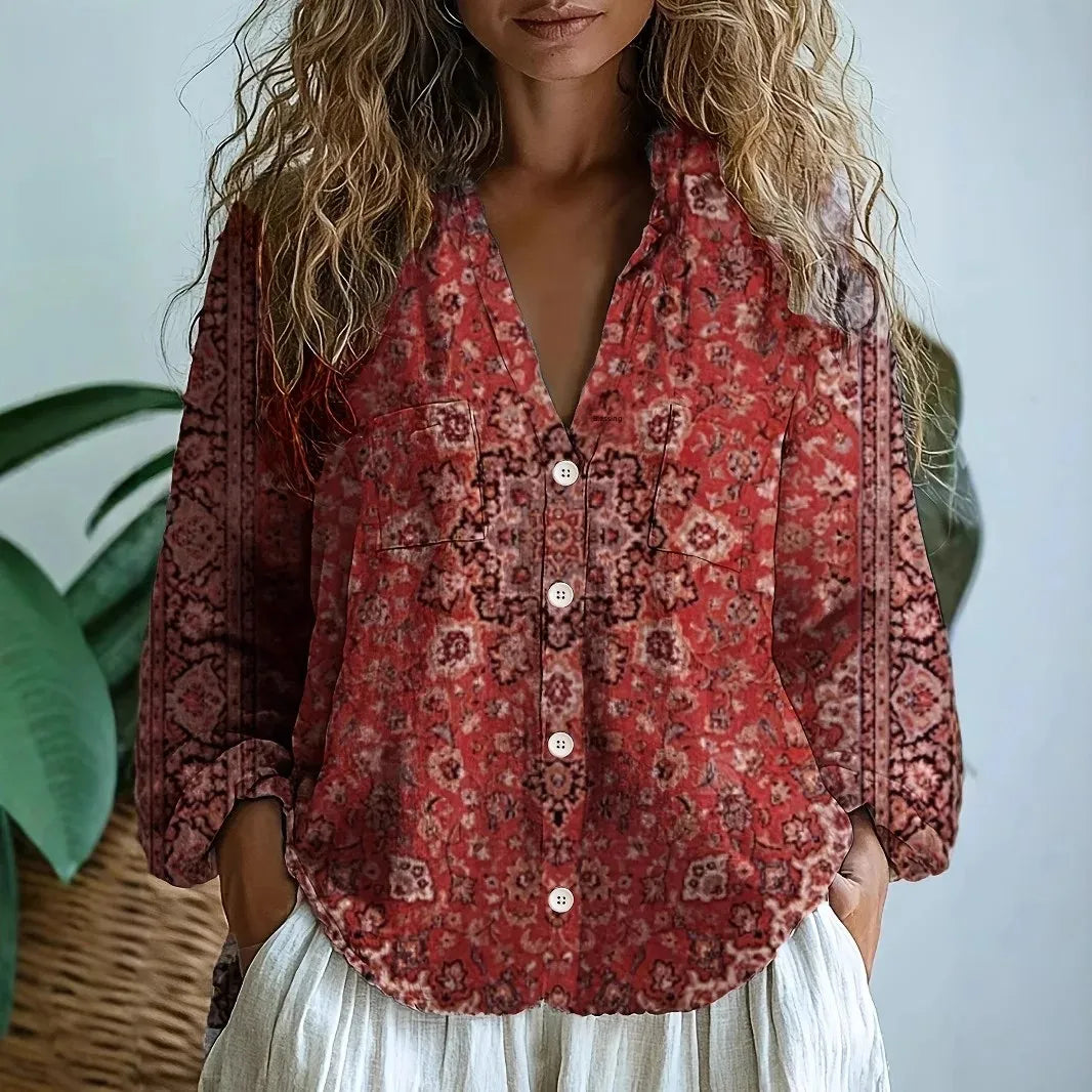 Elise Laurent | Women's Botanical Print Linen Blouse