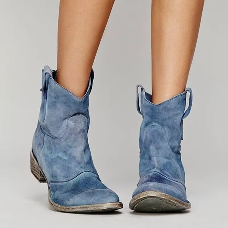 Women’s Vintage Western Ankle Boots – Pointed Toe Low Heel Slip-On Booties