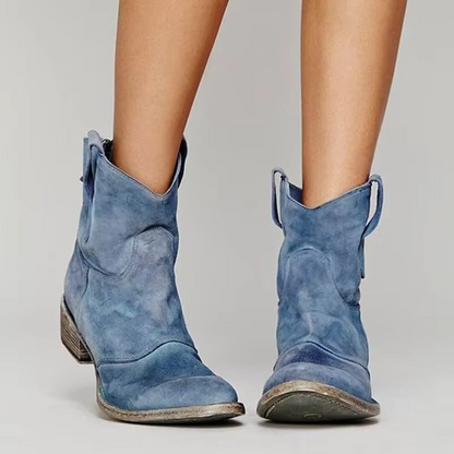 Women’s Vintage Western Ankle Boots – Pointed Toe Low Heel Slip-On Booties